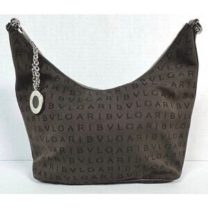 Bvlgari Brown Logo Canvas Shoulder Hobo Bag Silver Hardware